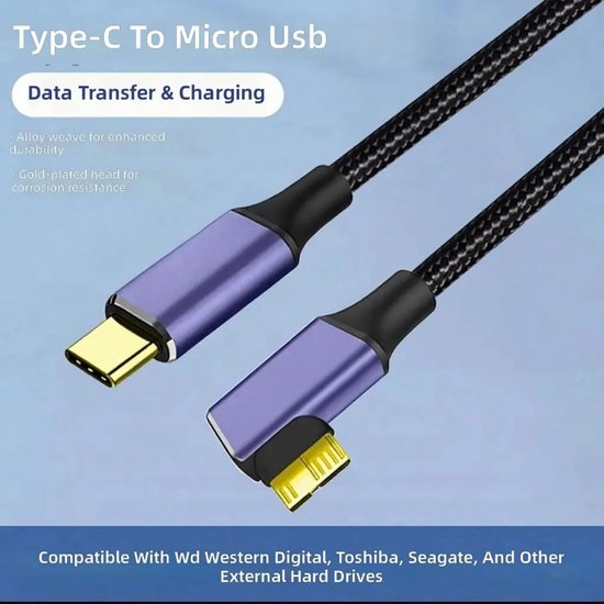 USB C naar MicroB Kabel - Data Overdrachtskabel - Externe Schijf Koppelen - Haakse Connector - 1 Meter - Zwart — afbeelding 2