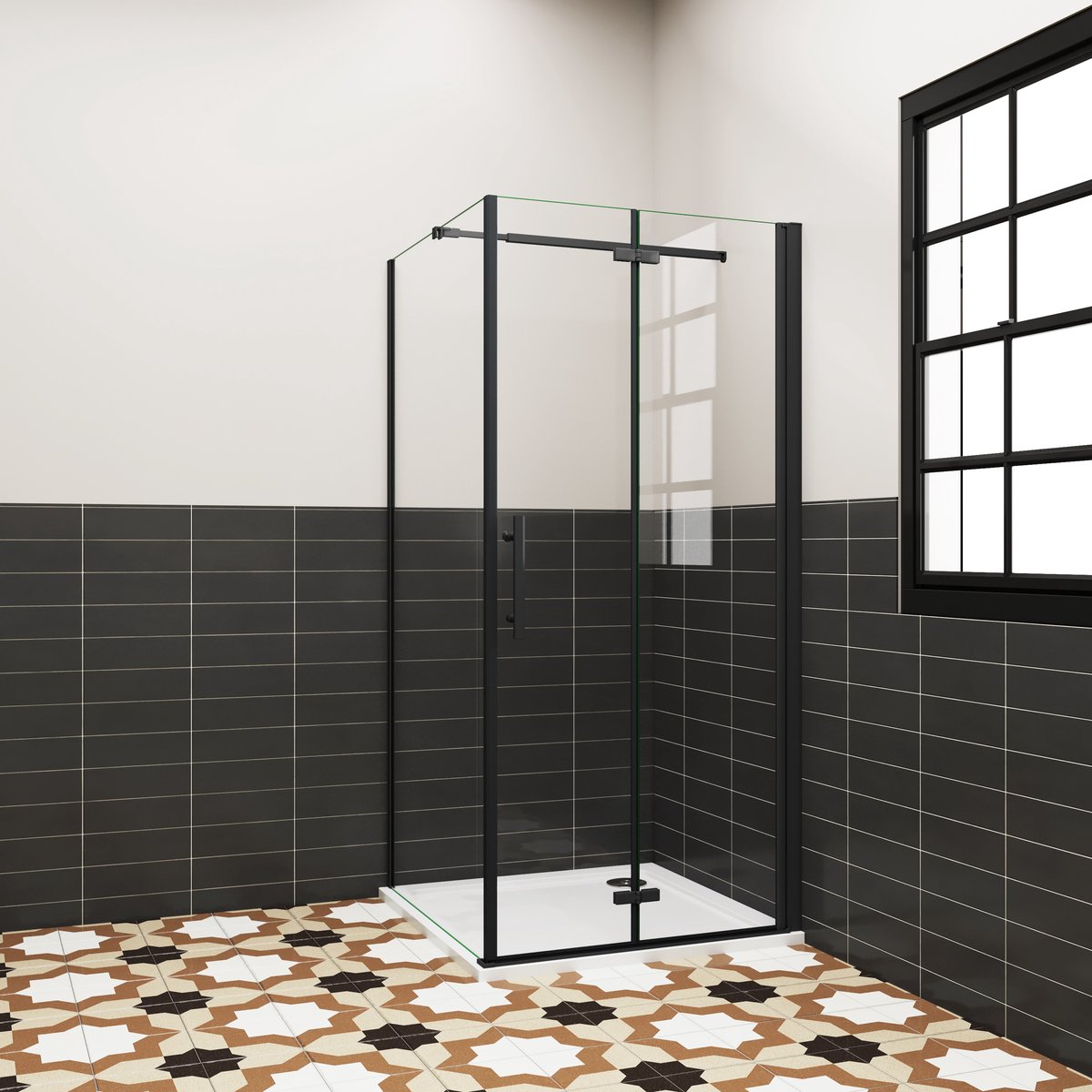 Aica douchecabine 110x76x185cm vouwdeur en vaste zijwand 6mm helder EasyClean veiligheidsglas mat zwarte aluminium frame stabilisatiestang 73-120 cm incl. douchebak