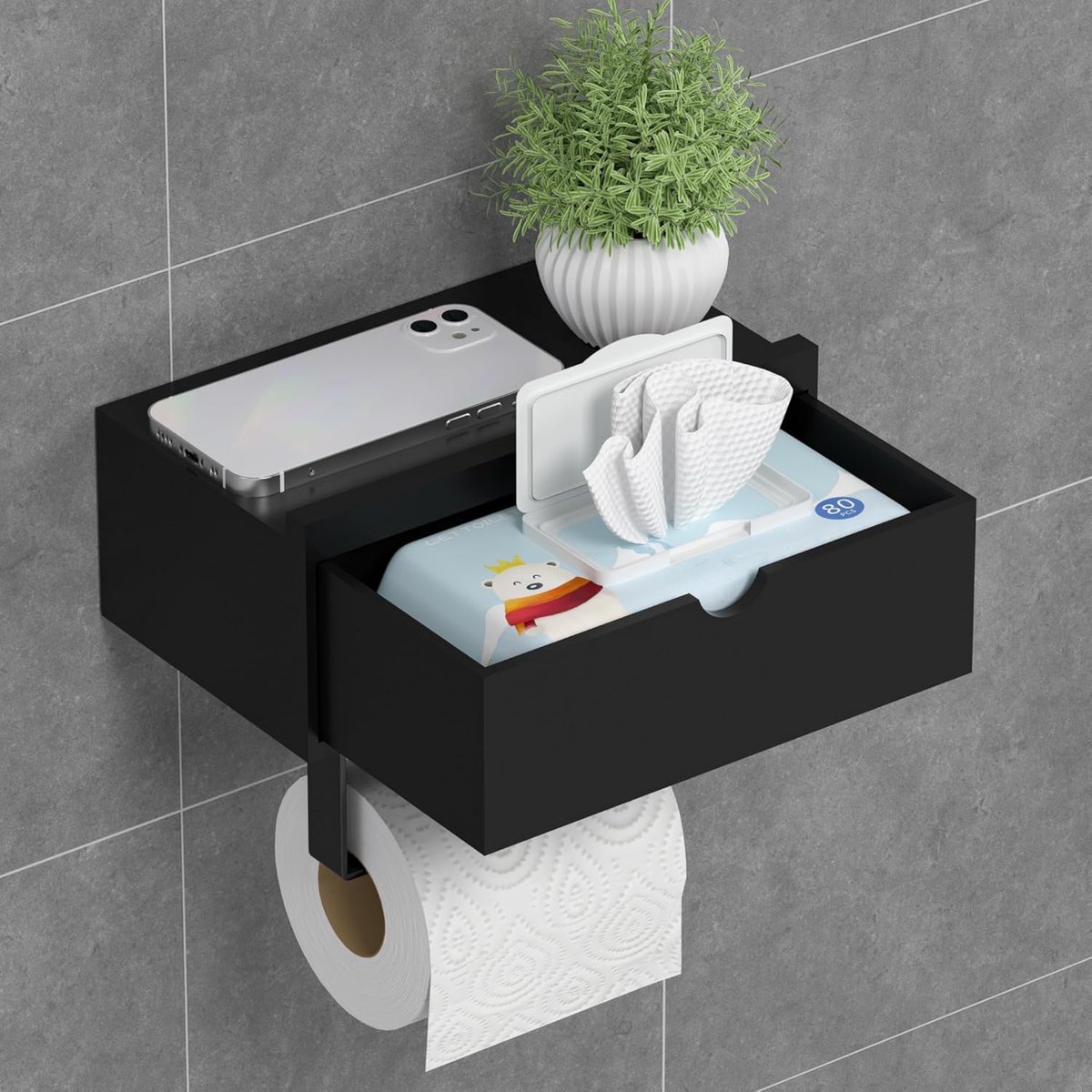 Toiletpapierhouder - Bamboe WC Rolhouder met Opbergbox - 1 Stuk - Zelfklevend of Boren Montage - Voor Badkamer en Toilet - Zwart