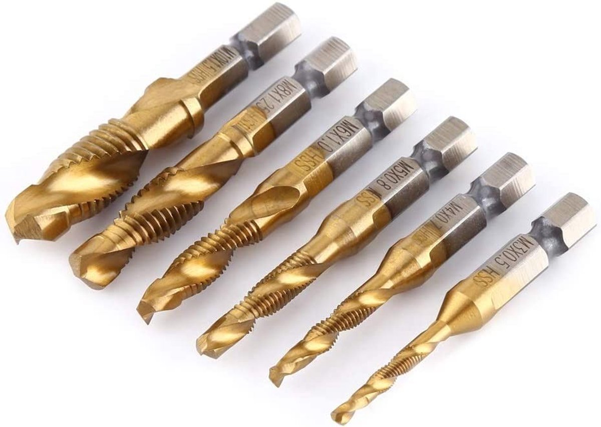 Dailygoody - Boor Tap Bits - Draadboren - Hoogwaardige Titanium Coating - 6 Stuks - M3-M10 - Voor Aluminium, Hout en Kunststof - 1/4" Hex Shank