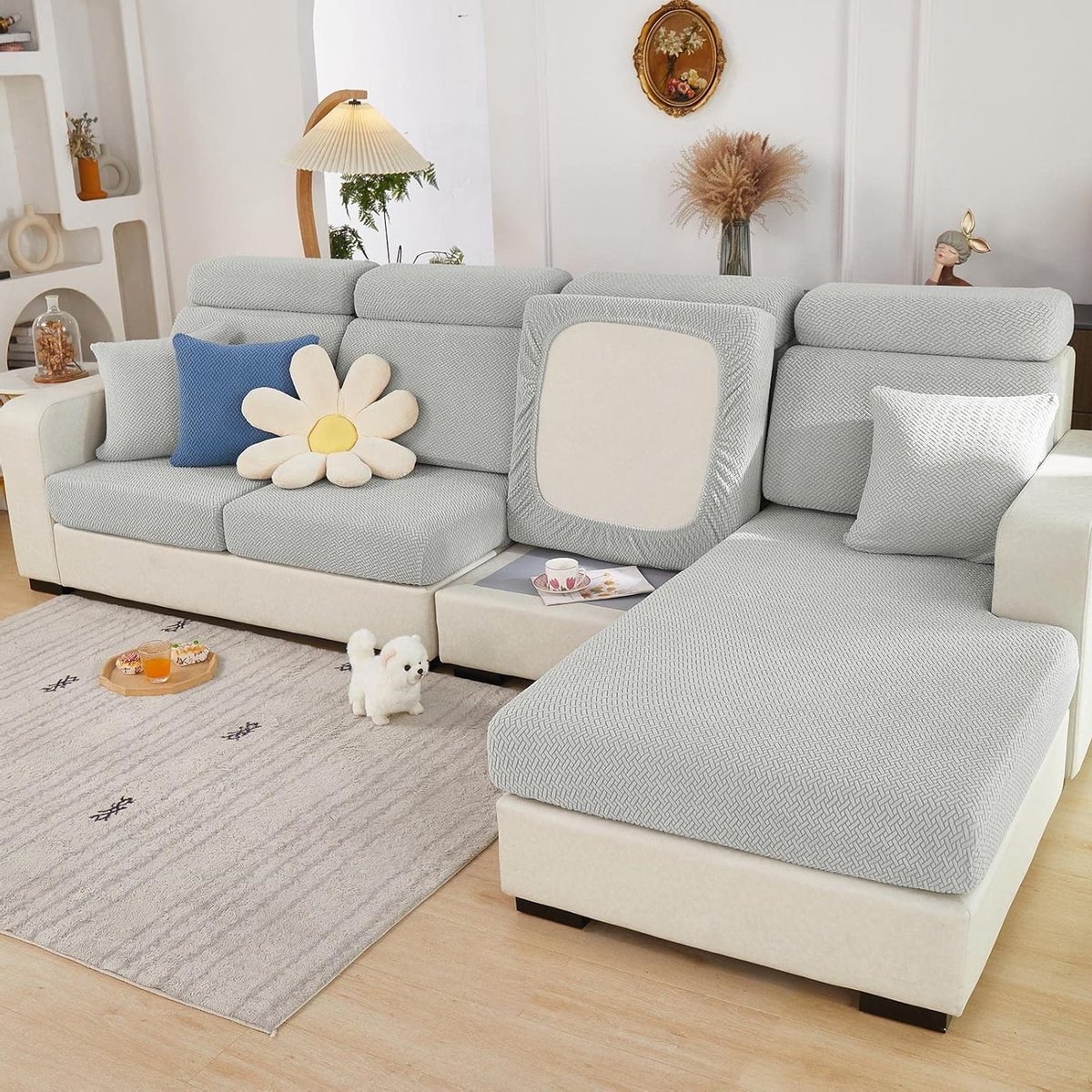 Stretchy Bankkussenhoezen voor 3-Zits Sofa - Vervangende Hoes, Meubelbeschermer, Weefpatroon in Lichtgrijs