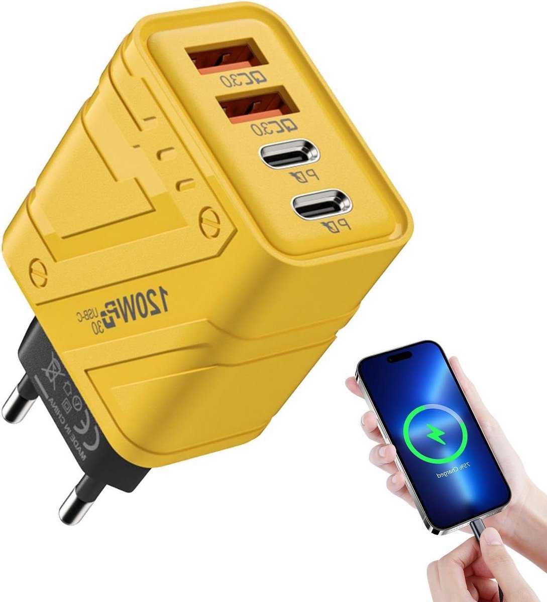 USB Oplader - Netstroom adapter - Meerdere apparaten laden - Vier poorten - EU standaard - Geel