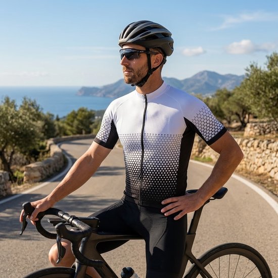 Wit zwart sport wielren shirt heren korte mouw fiets jersey met rits ademend sneldrogend vochtafvoerend stretch MTB fietsshirt wielrennen racefiets maat L — afbeelding 4
