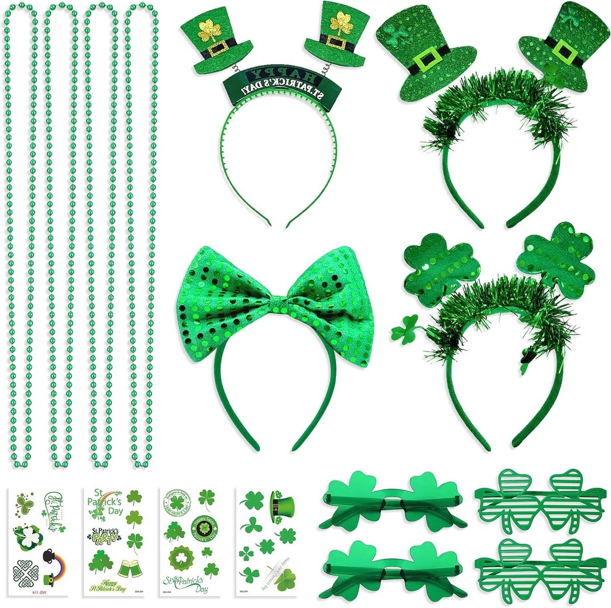 Feestelijke Haarband voor St. Patrick's Day, 12 Delige Set met Kostuumaccessoires, Diadeem, Bril, Ketting en Tatoeages voor Dames op Carnaval of Maskerfeest