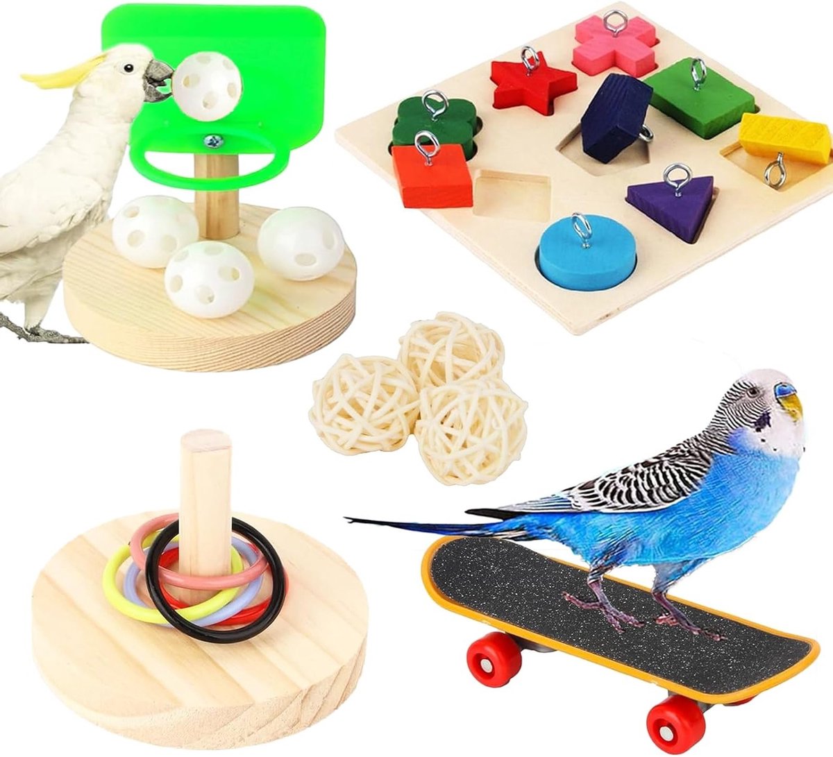 Educatieve Speelgoedset voor Vogels 4 Stuks met Skateboard Stapelblokken en Basketbal voor Parkieten en Lovebirds