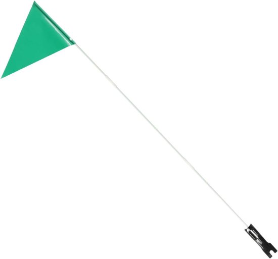Een groene fietsvlag aan een witte stok met een zwarte houder.
