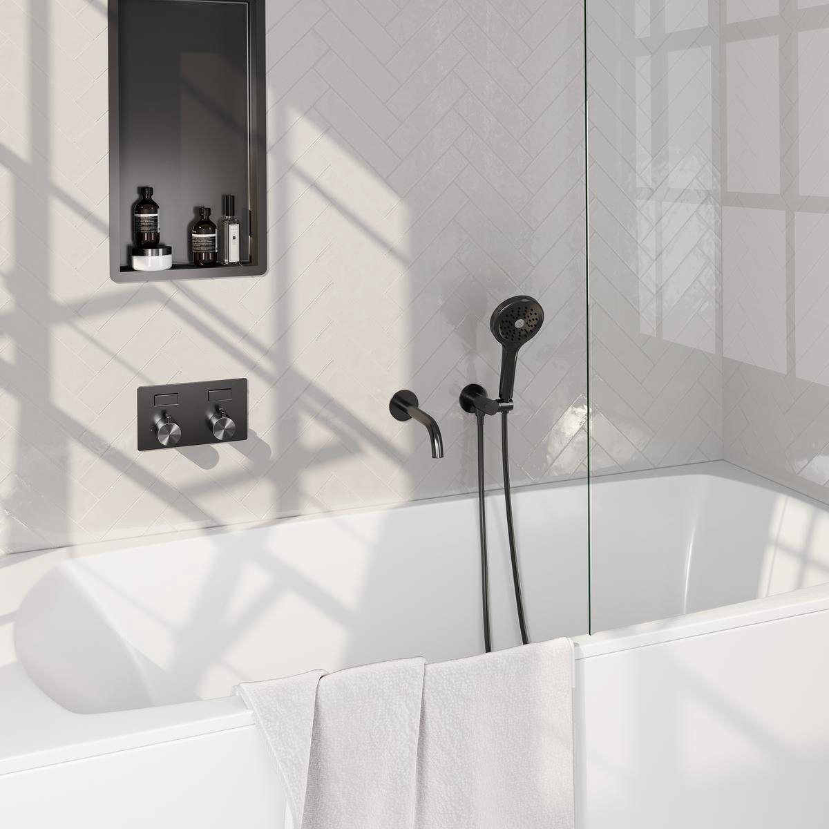 Brauer Gunmetal Edition Thermostatische Inbouw Badkraan Drukknoppen - Uitloop - 3 stand - Doucheslang - Wandaansluitbocht - Handdouche - Gunmetal Geborsteld Pvd
