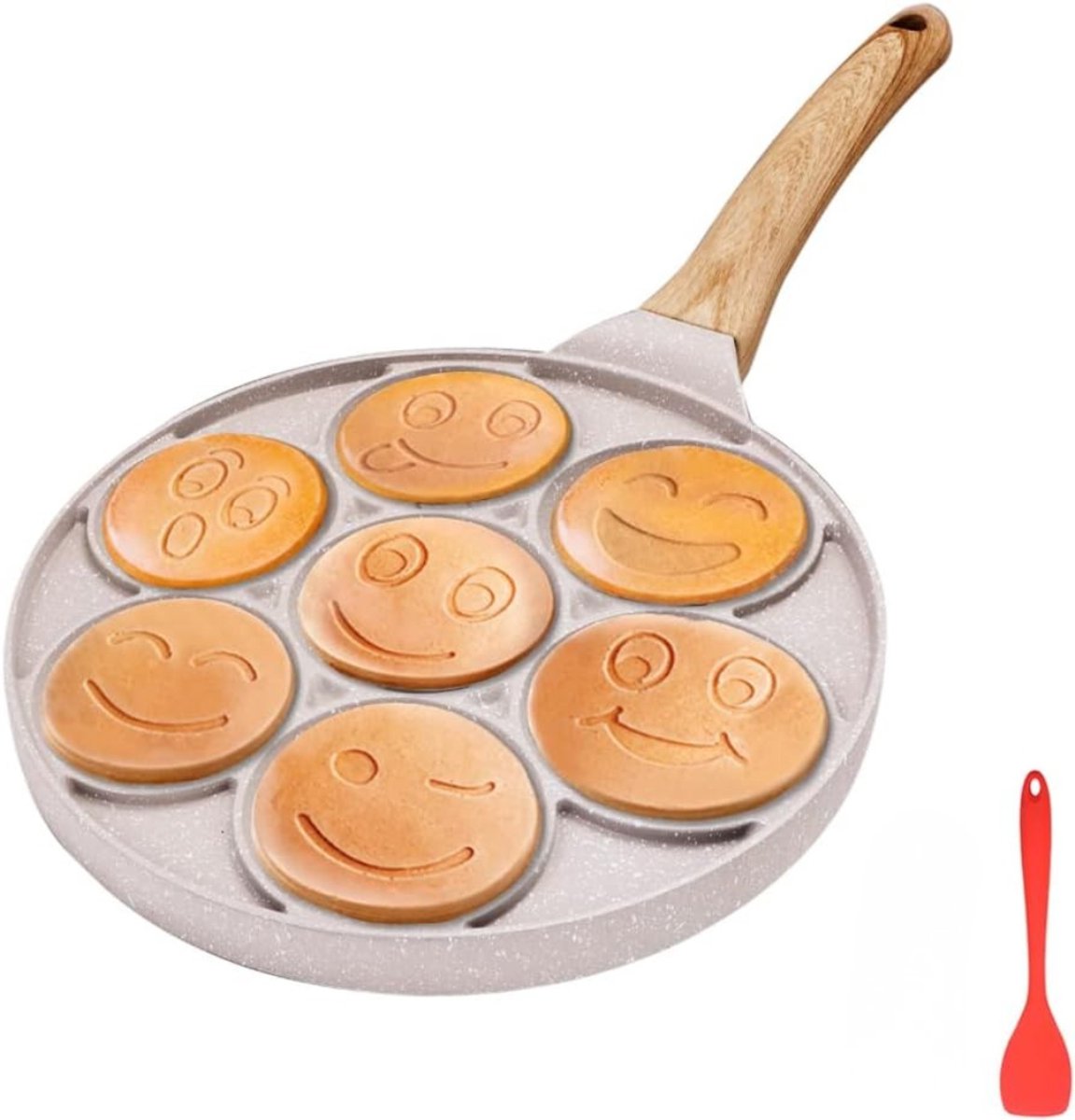 Aura® Poffertjespan - Gietijzeren pan - Voor inductie / electrisch - Poffertjes maken - Met Anti Aanbaklaag – Pannenkoekenmaker – 7 Gaten – Met Smiley Gezichten-Wit- 45cm x 26cm x 2cm
