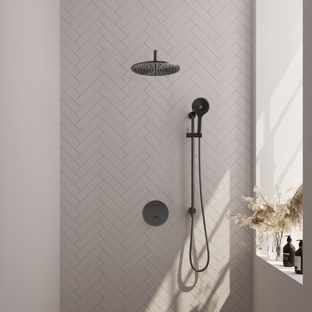 Brauer Gunmetal Carving Thermostatische Regendoucheset Inbouw - Hoofddouche 30 cm - Gebogen Wandarm - 3 Weg - Handdouche Rond 3 Standen - Doucheslang - Geintegreerde Glijstang - Gunmetal