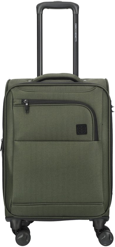 Groene koffer met ritsvak, Trolley-handvat en wieltjes.