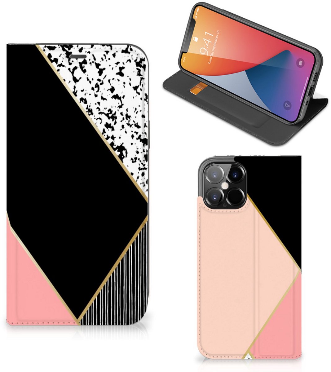 Book Case voor iPhone 12 Pro Max Stand Case Zwart Roze Vormen