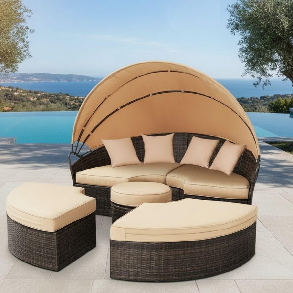 Zonne-eiland met Dak 180 cm Rond – Polyrotan Tuinschelp Loungeset met Kussens & Verstelbaar Zonnedak – Weerbestendig Tuinligbed / Loungebed Bruin – Laura