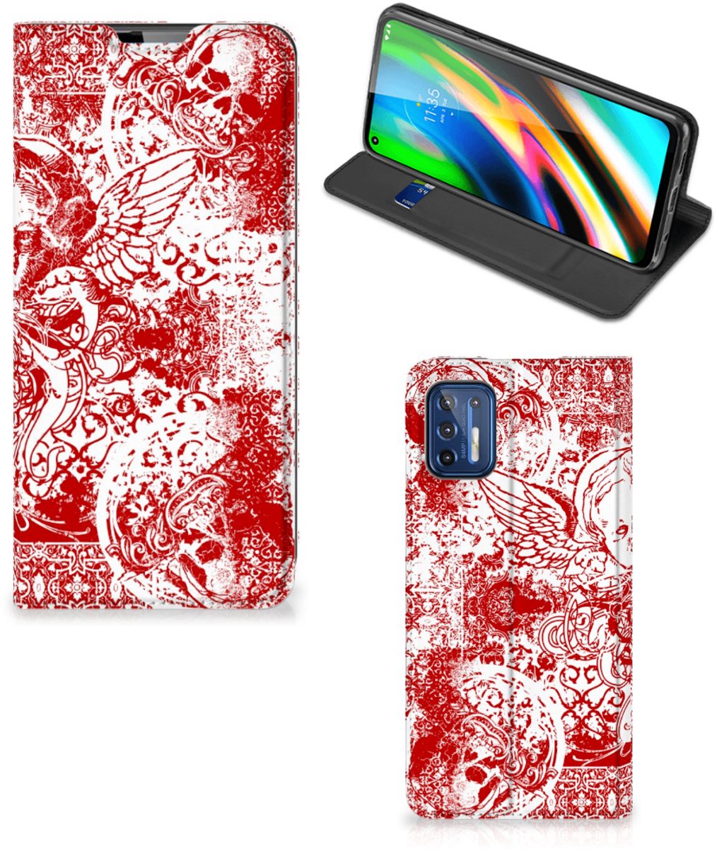 Mobiel BookCase Motorola Moto G9 Plus Angel Skull Rood