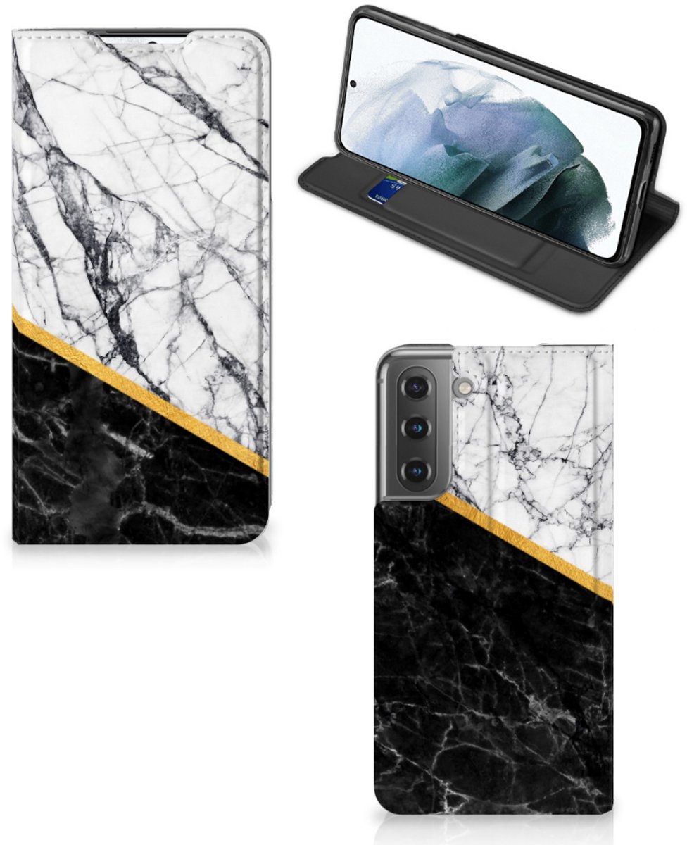 Samsung Galaxy S21 FE Standcase Marmer Wit Zwart - Origineel Cadeau Man