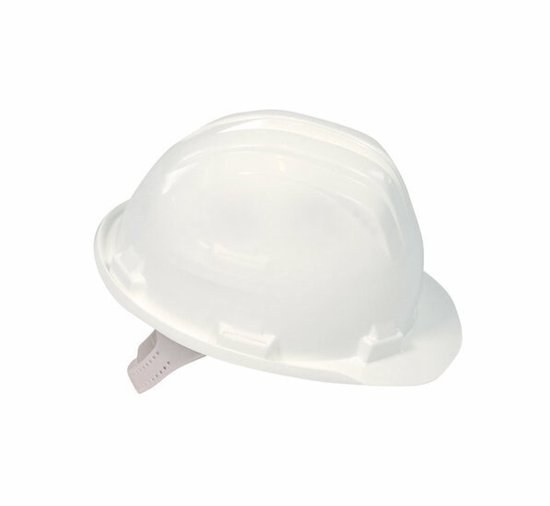 Witte veiligheidshelm met verstelbare band.