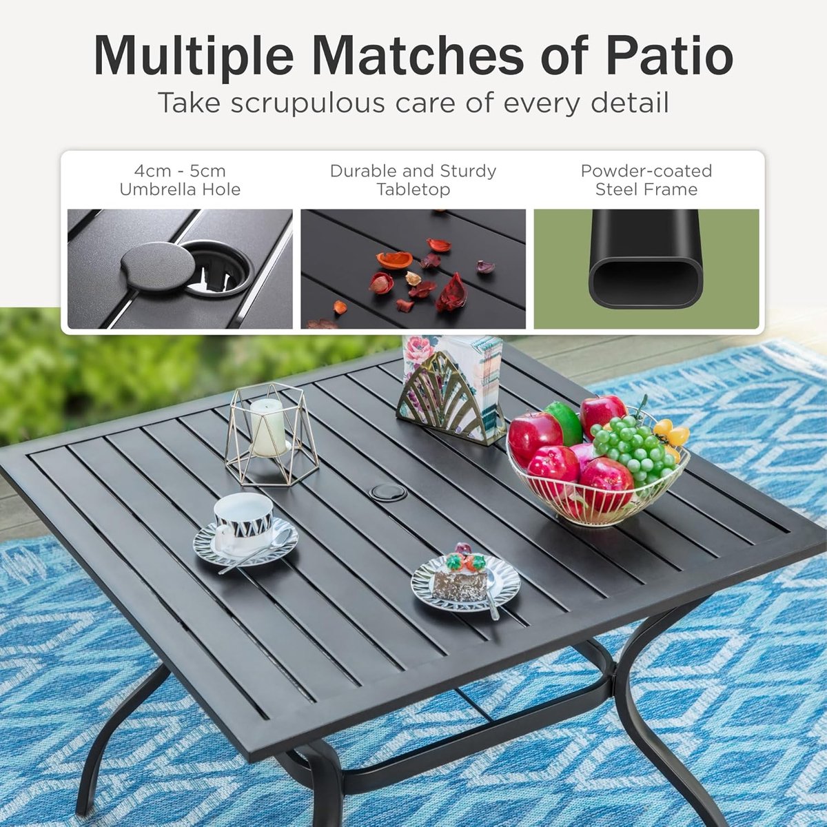 Tuintafel 94x94 cm – Vierkante Eettafel Buiten met Parasolgat Ø4 cm, Stalen Frame, Weerbes