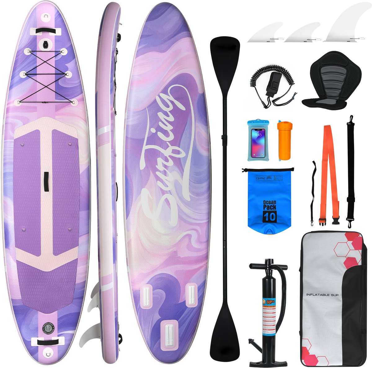 Puluomis Opblaasbaar Paddle Board - Paddle SUP Board - met Zitje - Complete Set - Max. 150KG - 335x84cm - Lichtpaars