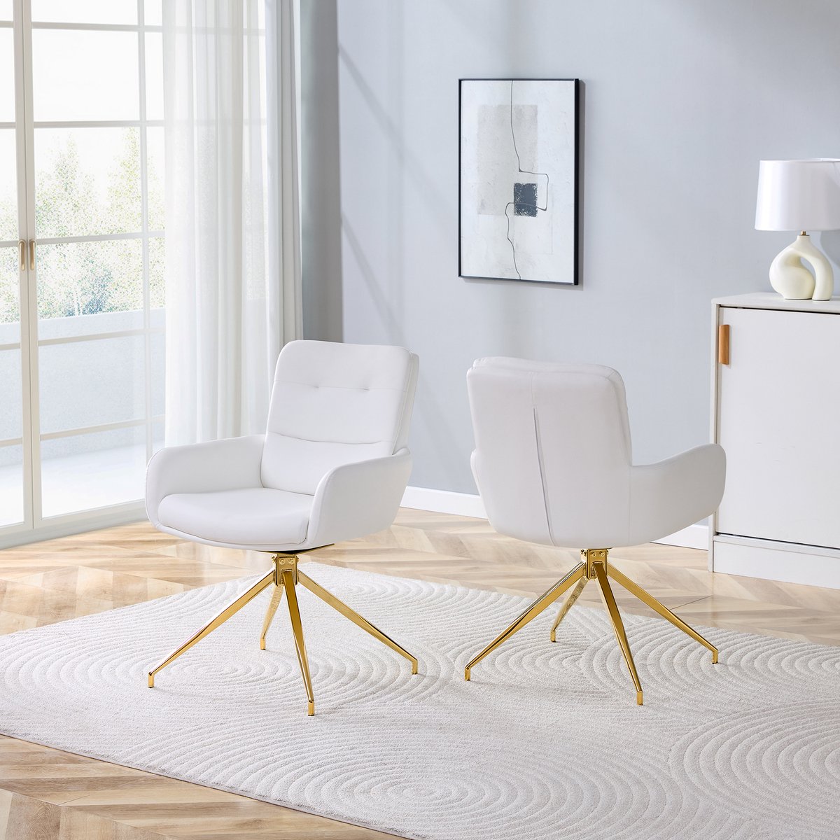 FloraGrace Eetkamerstoel – 360° Draaibaar – Set Van 2 – PU-Leder En Metaal – Luxe Stijl – Wit En Goud – Comfortabel Wit+Goud