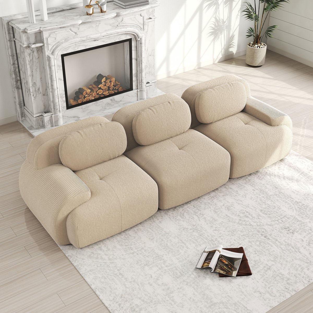 MODENUIT Hoekbank - Modulair 3-Zits - Zonder Montage & Antislip Onderzijde - Woonkamer En Slaapkamer - Cord Beige
