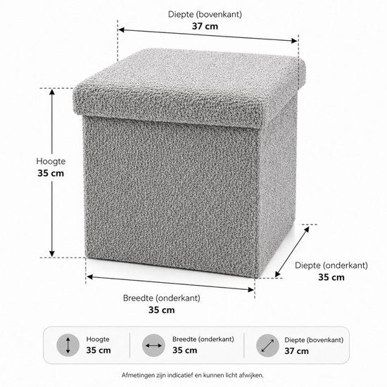 Grijze poef met teddy bouclé stof met afmetingen: Hoogte 35 cm, Breedte 35 cm, Diepte 37 cm.