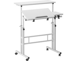 Verhoogbaar mobiel sta-bureau met wieltjes, kantelbaar werkblad met 2 standen, compacte computertafel, geschikt voor kantoor, thuis en loopband, verstelbaar 67–110 cm, Wit