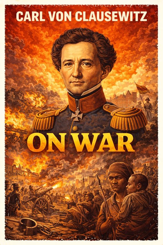 Portrait de Carl von Clausewitz en uniforme, avec en arrière-plan un champ de bataille enflammé rempli de fumée, de feu et de canons. Le titre 'ON WAR' est bien visible en lettres jaunes.