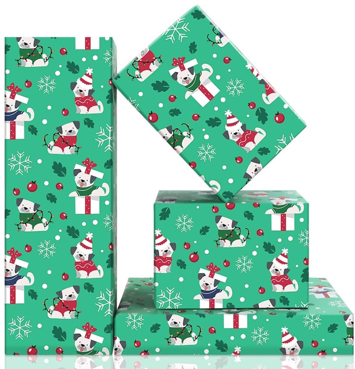 NTHProducts - Kerst Cadeaupapier - Dieren Themapapier - Groene Cadeaupapier - Voor Honden - Perfect voor Feestdagen en Verjaardagen - 4 Vouwbladen 50x70cm