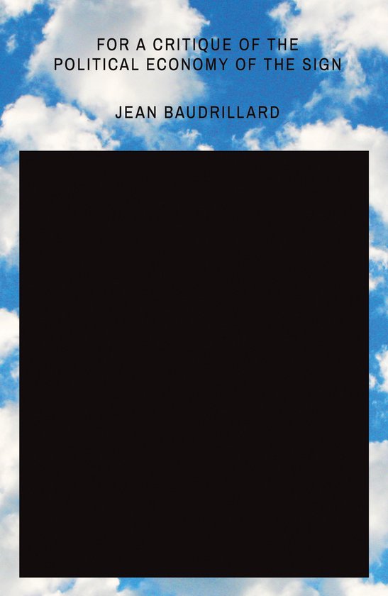 Boek met de titel "For a Critique of the Political Economy of the Sign" van Jean Baudrillard, op een achtergrond van wolken.