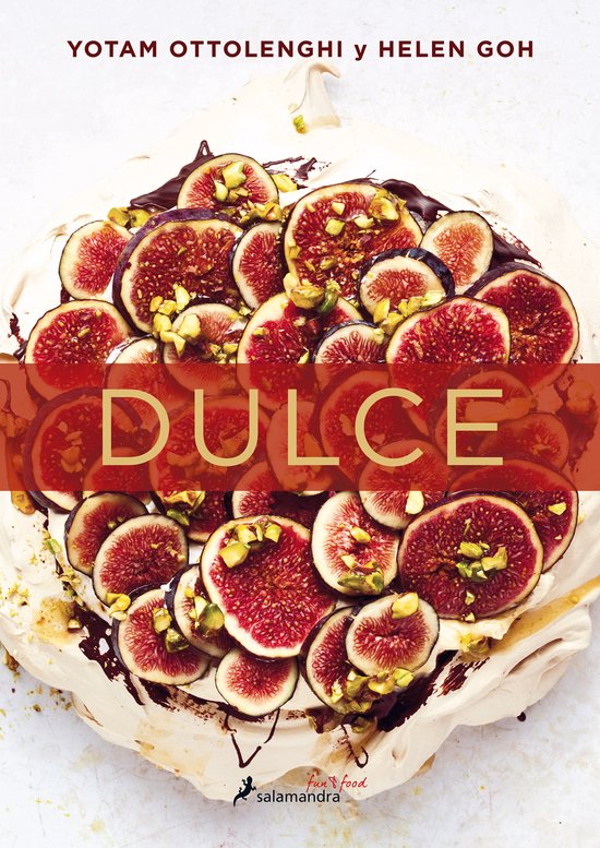 De dekking van het boek 'Dulce' toont een pavlova met veel verse vijgen, chocolade en pistachenoten. Het 'fun & food' logo staat rechtsonder.