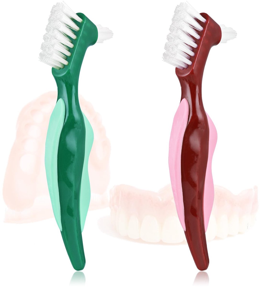 MTTProducts - Hard Denture Brush - Tandprothese Borstel - Dubbelzijdige Tandenborstel - Rood en Groen - Reinigingstool - Geschikt voor Reizen en Camping