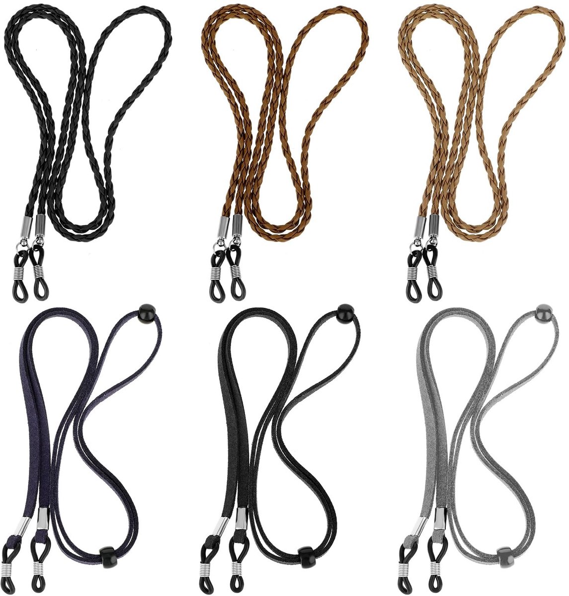 MTTProducts - Brilkoord - Verstelbaar - Luxe leren - Grijs, donkerblauw, zwart - Handige accessoires - Geschikt voor volwassenen - 6-delige set