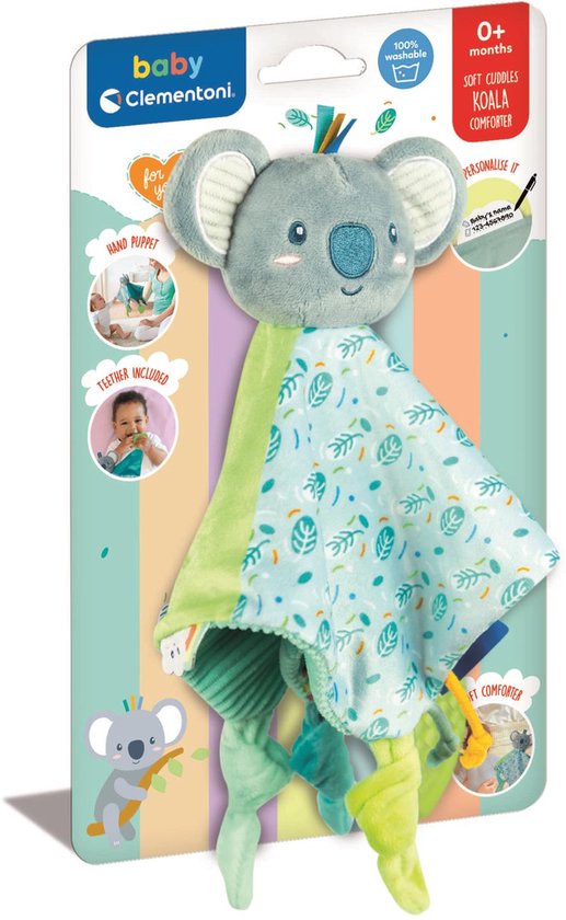 Een Clementoni baby knuffeldoekje in de vorm van een koala. Het doekje is mintgroen met een blauw patroon van blaadjes en takjes. Het heeft groene en lichtgroene linten en knopen.