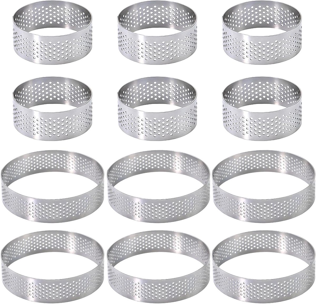 Set van 12 perforated dessertringen voor mousse, taarten, mini pizza's en muffins van roestvrij staal