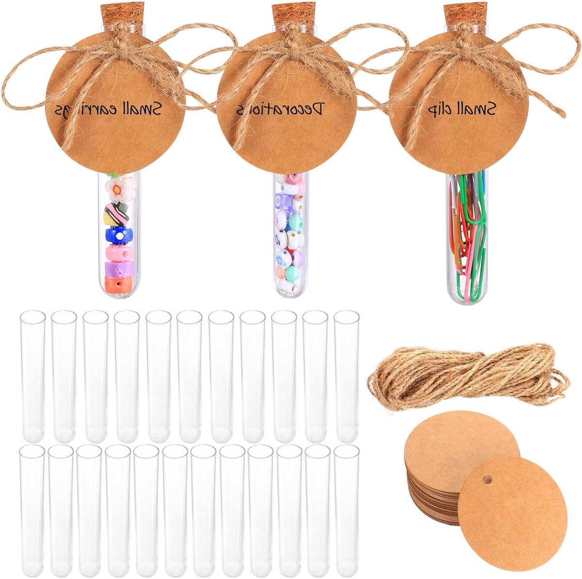 Set van 36 Transparante Plastic Probu buizen met Kurk Sluiting voor Bloemen, Snoep, Laboratoria, Feesten en Creatieve Projecten met 36 Labels van Papier en Hennep Touw