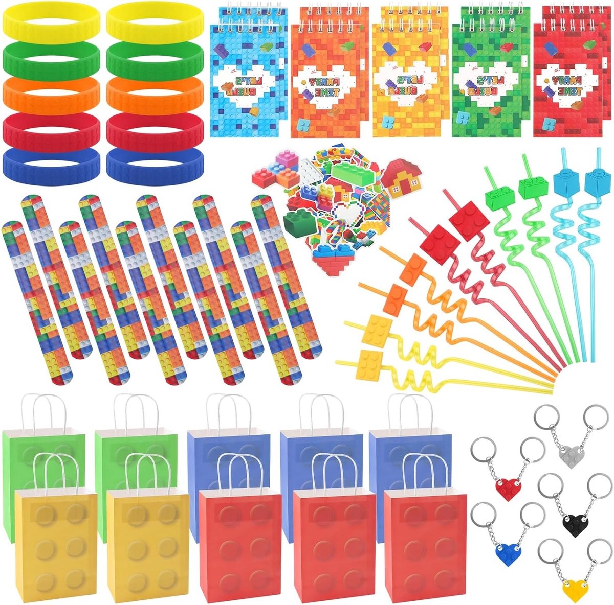Mini Notitieboekje voor Kinderen met Bouwstenen, Klikarmband, Sleutelhanger en Stickers - Perfecte Regenboog Feestjes Giveaways