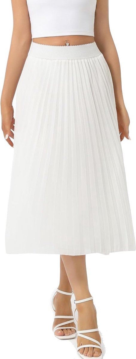 Elegante Plissé Rok voor Dames - Midi Zomer Casual Avondrok met Elastische Taille in Wit, Perfect voor Feestjes en Uitgaan