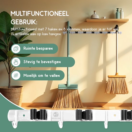 Recalma Bezemhouder Set van 2 - Gereedschapshouder Wand - Bezem Ophangsysteem Tuingereedschap - 304 RVS - 8 Haken 7 Klemmen - Zelfklevend & Schroef - Zilver van Recalma — afbeelding 4