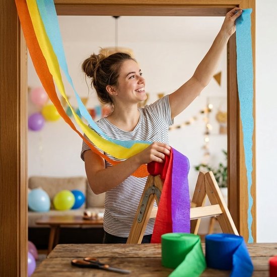 Vrouw met opgestoken haar hangt veelkleurige slingers (regenboog) op, met ballonnen en slingers op de achtergrond.