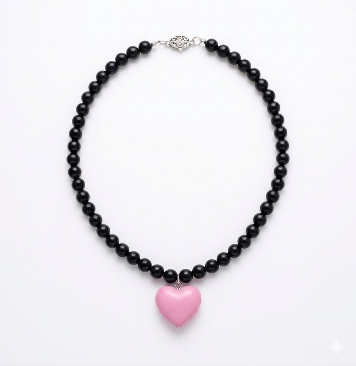 She life style - Modieuze zwarte kralenketting met roze hart