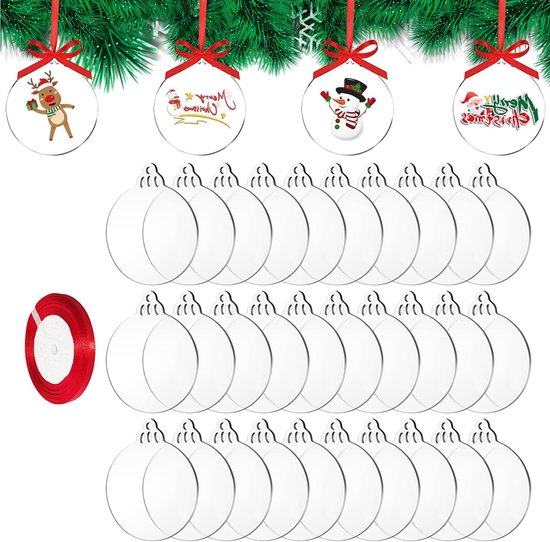 Lot de 30 Boules de Noël Transparentes en Acrylique avec Ruban, Boules Plates pour Décoration Créative, 7.5 x 7.5 cm, Parfaites pour Sapin de Noël et Projets Artisanaux