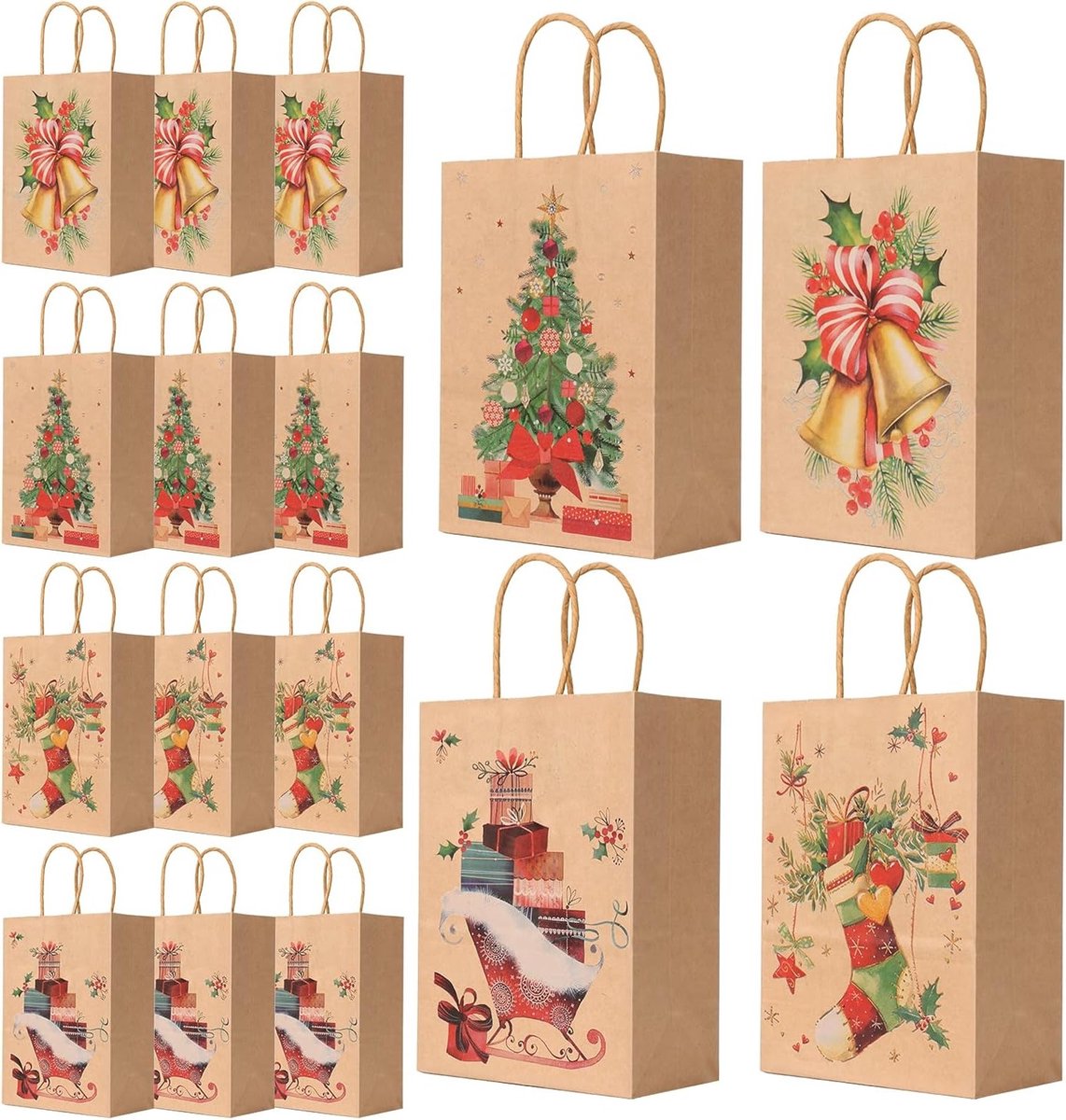 Set van 12 Kraft Kerst Papier Tassen met Handvatten, 4 Patroon Kerst Tassen voor Inpakken, Feestelijke Cadeautassen (21 x 15 x 8 cm)