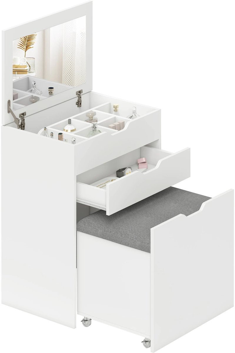 NordHaus Make-up Kaptafel - Kaptafel met Spiegel - Kaptafel met Kruk - Verborgen Opbergruimte - 60x40x114 cm Wit