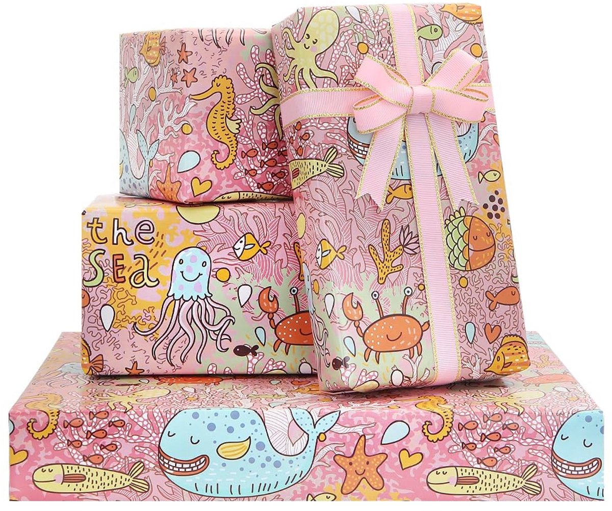 Allecto - Verjaardagscadeaupapier - Onderwater thema - Prachtige zeedieren - Roze - Cadeaupapier voor kinderen - Geschikt voor verjaardagen en baby...
