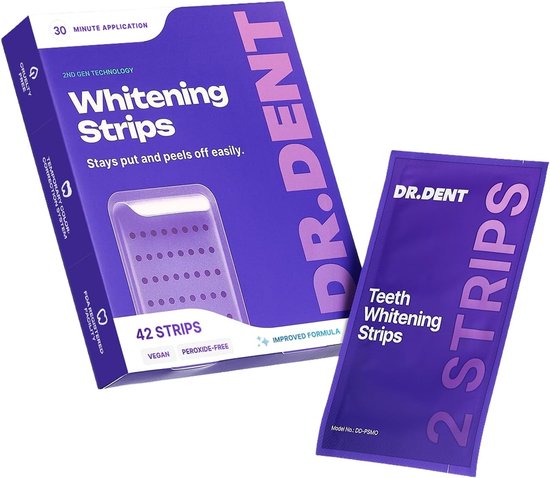 DRDENT Paarse Tandenbleekstrips – 21 Toepassingen – Zacht voor het glazuur – Dr dent whitening strips purple - Tanden bleken zonder gevoeligheid – Pijnloos bleken – Verpakking van 42 strips + mondopener