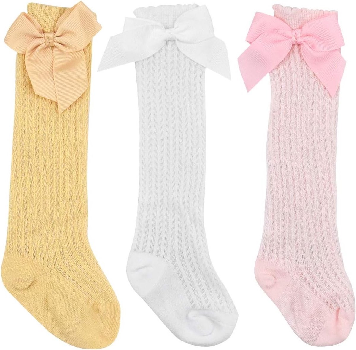Schattige meisjes kniekousen met strik, gebreide visnetkousen voor baby's van 0-2 jaar in wit, roze en geel, perfect voor elke prinses