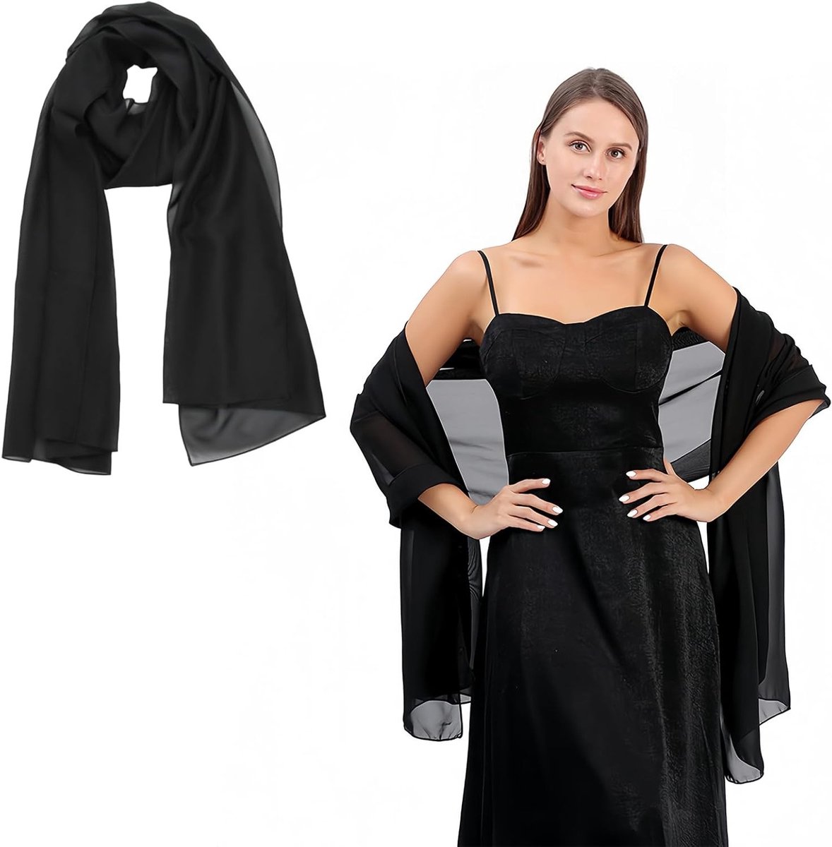 Elegante Zachte Chiffon Sjaal voor Bruiloften, Feestjes en Avondgelegenheden - Zwart L