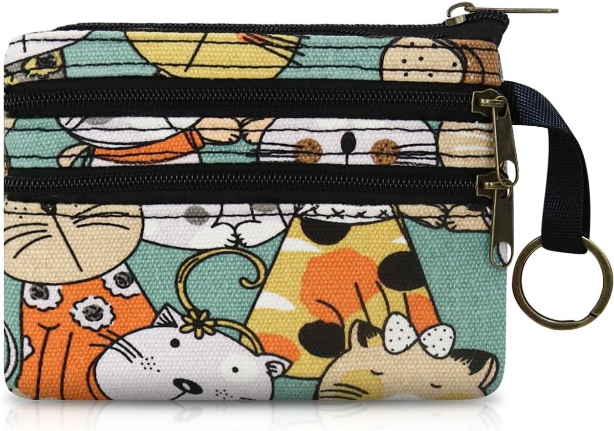 Kleine Muntentas voor Vrouwen met 3 Ritsvakken en Sleutelhanger, Schattig Cartoonpatroon, Ideaal voor Dagelijks Gebruik en Cadeaus