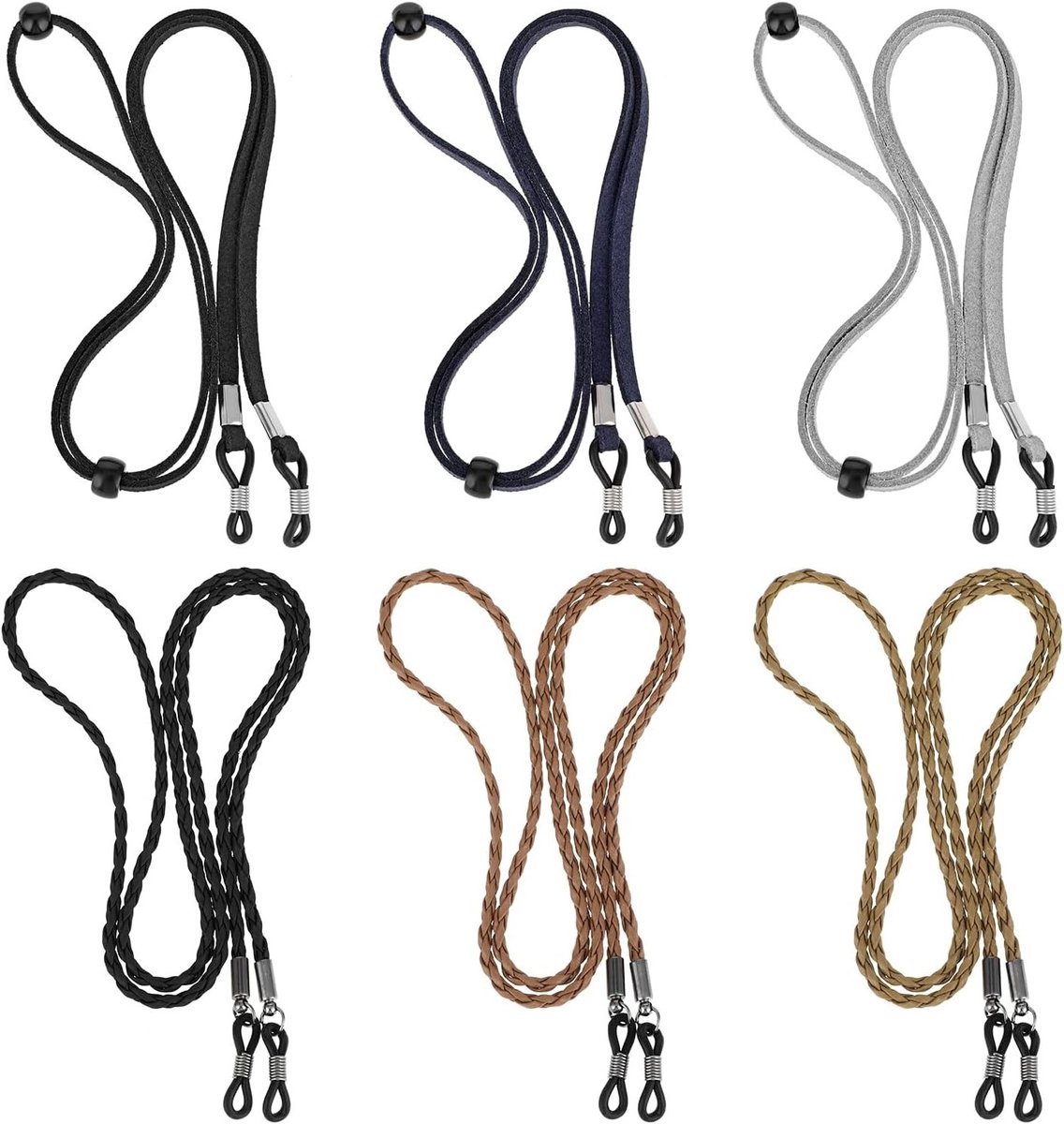 Verstelbare brillenkoord van PU-leer, set van 6, geschikt voor zonnebrillen en leesbrillen, universele brillenstraps, trendy en praktisch