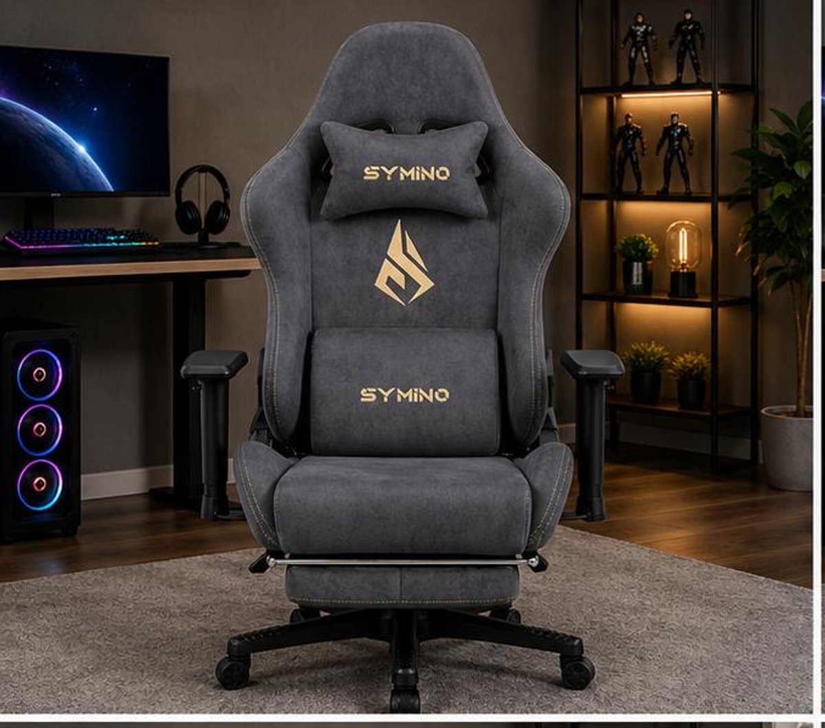 Gaming stoel ergonomisch met voetsteun 59 x 40 x 135 cm – bureaustoel met ademende stof (suède look), verstelbare rugleuning 90°–150°, draaibaar, massage lendenkussen, verstelbare armleuningen, donkerblauw – Vermissen