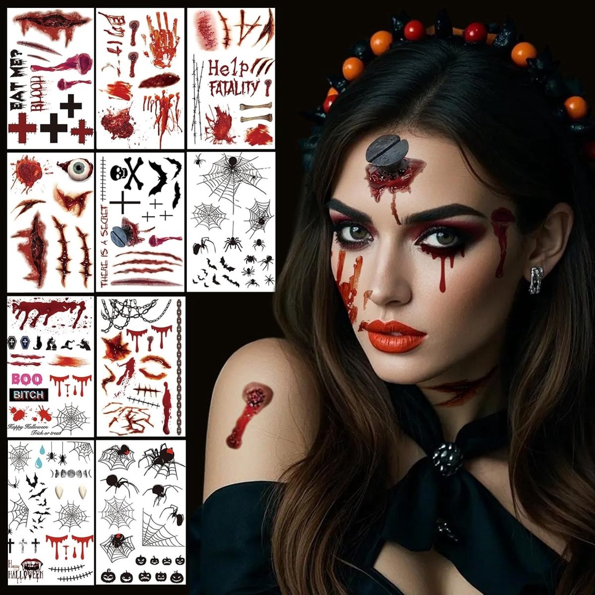 Halloween Tattoos voor Kinderen en Volwassenen - 10 Bladen met Griezelige Scars en Make-up Accessoires voor Carnavalskostuums en Feestjes